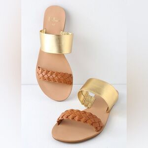Lulus Caylee Gold Cognac Leather Flat Sandals Size 7.5‎ Braided Summer Slip-On